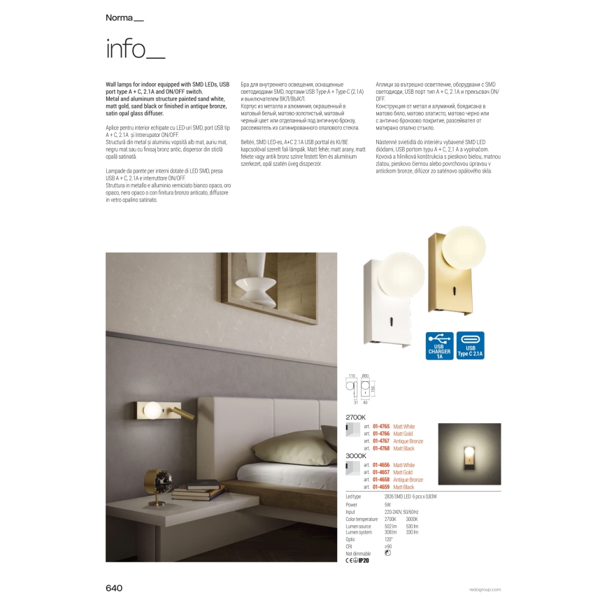 Redo 01-4662 - LED-Wandleuchte NORMA LED/5W/230V + LED/3W CRI 90 USB weiß/bronze