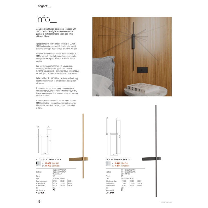 Redo 01-4674 - LED-Wandleuchte TANGENT LED/9W/230V 2700/2850/3000K CRI 90 goldfarben