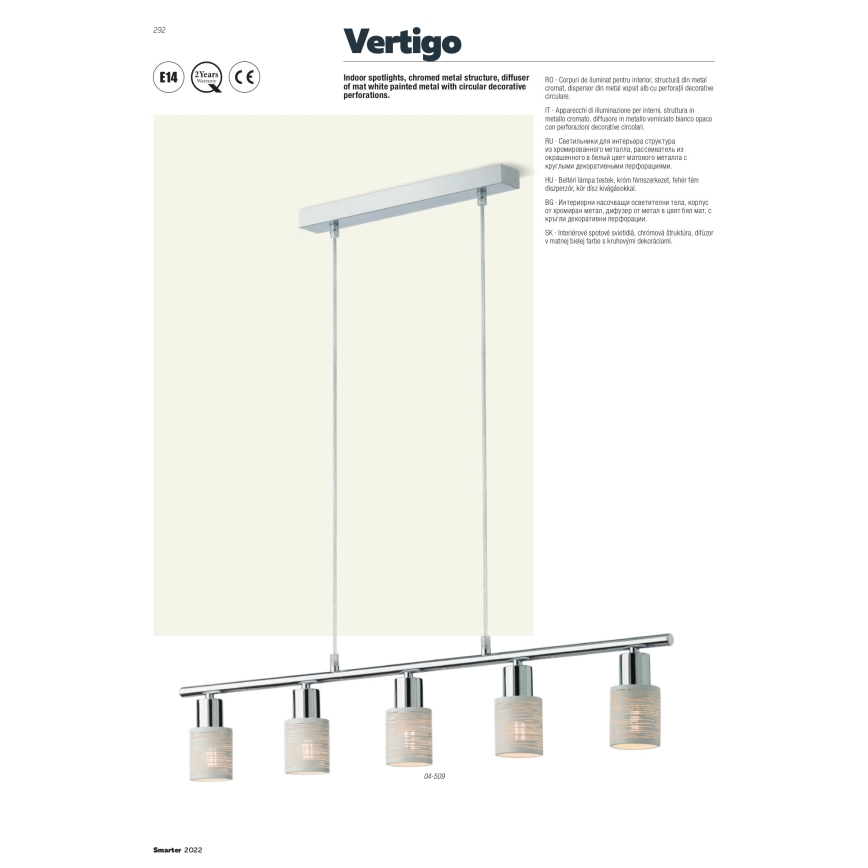 Redo 04-509 - Hängeleuchte am Kabel VERTIGO 5xE14/28W/230V glänzender Chrom/weiß