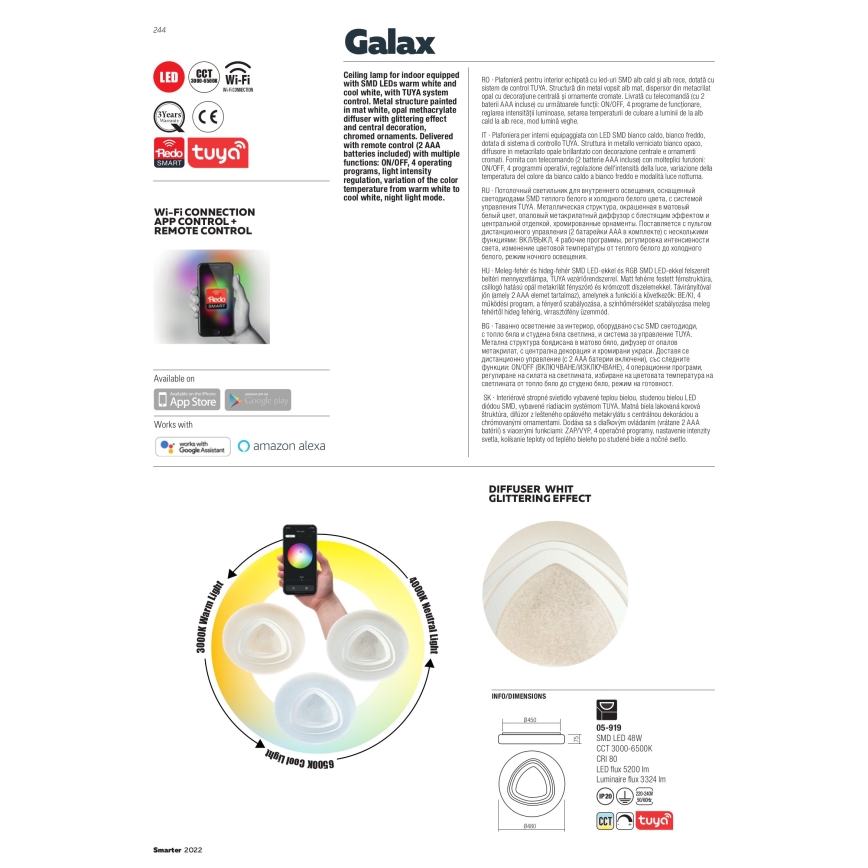 Redo 05-919 - LED-dimmbare Deckenleuchte GALAX LED/48W/230V 3000-6500K Wi-Fi Tuya Ø 48 cm weiß + Fernbedienung