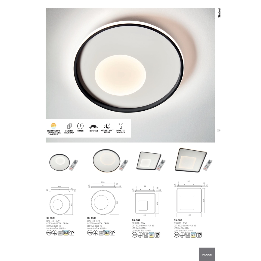 Redo 05-961 - Dimmbare LED-Deckenleuchte SINTESI LED/53W/230V 45x45 cm 3000-6000K + Fernbedienung