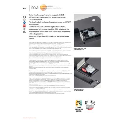 Redo 90290 - LED Außen-Deckenleuchte mit Sensor ISOLA LED/24W/230V Ø 26 cm 3000/4000/6500K IP54 Anthrazit
