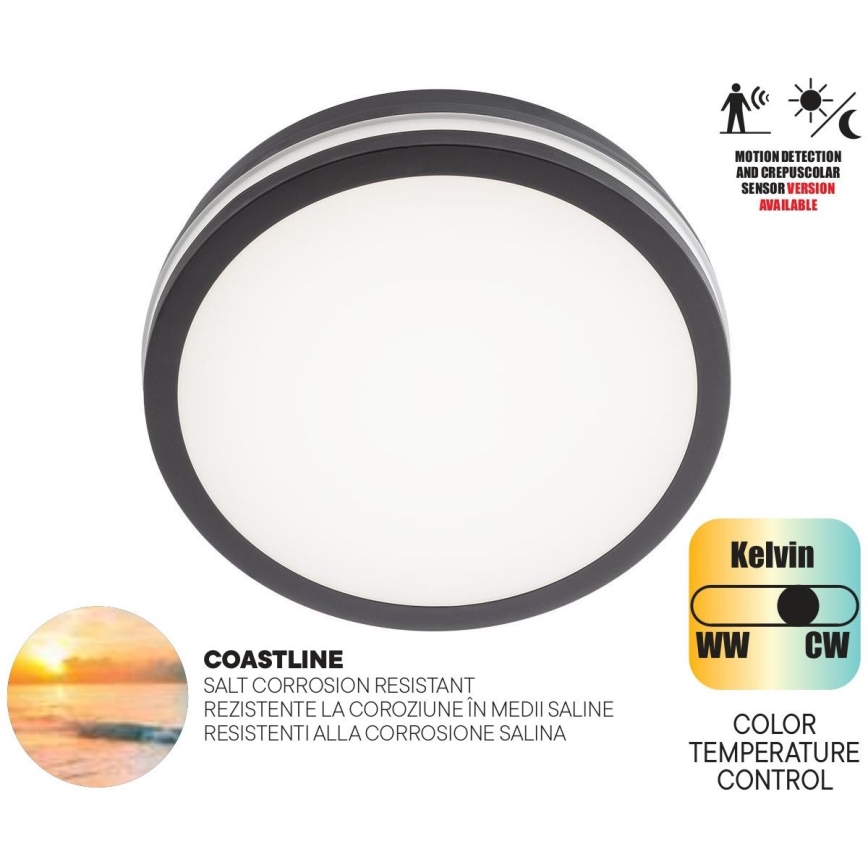 Redo 90290 - LED Außen-Deckenleuchte mit Sensor ISOLA LED/24W/230V Ø 26 cm 3000/4000/6500K IP54 Anthrazit