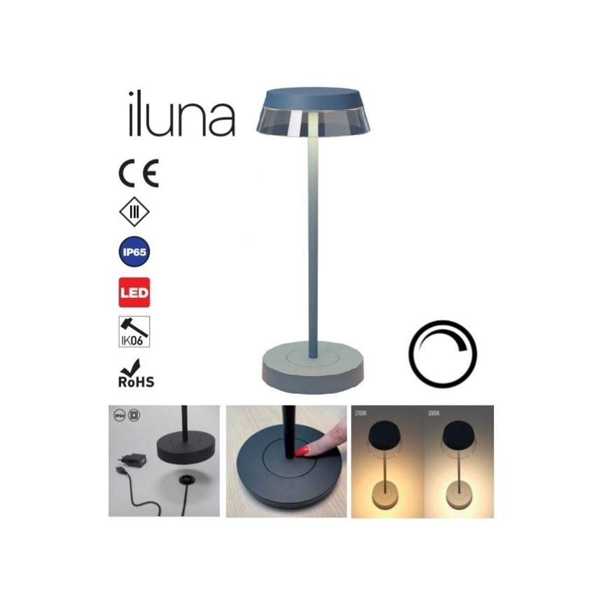 Redo 90310 - LED dimmbare Touch-Tischlampe ILUNA LED/2,5W/5V 2700-3000K 3000 mAh IP65 blau