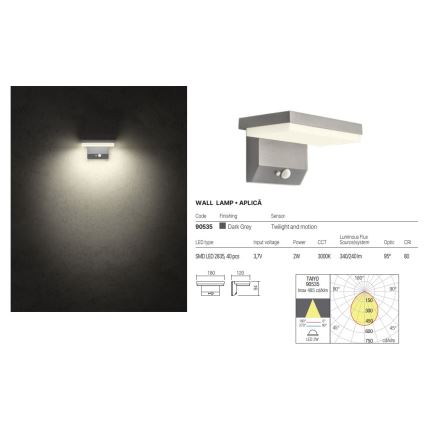 Redo 90535 - LED-Solarwandleuchte mit Sensor TAIYO LED/2W/3,7V 3000K IP54 anthrazit