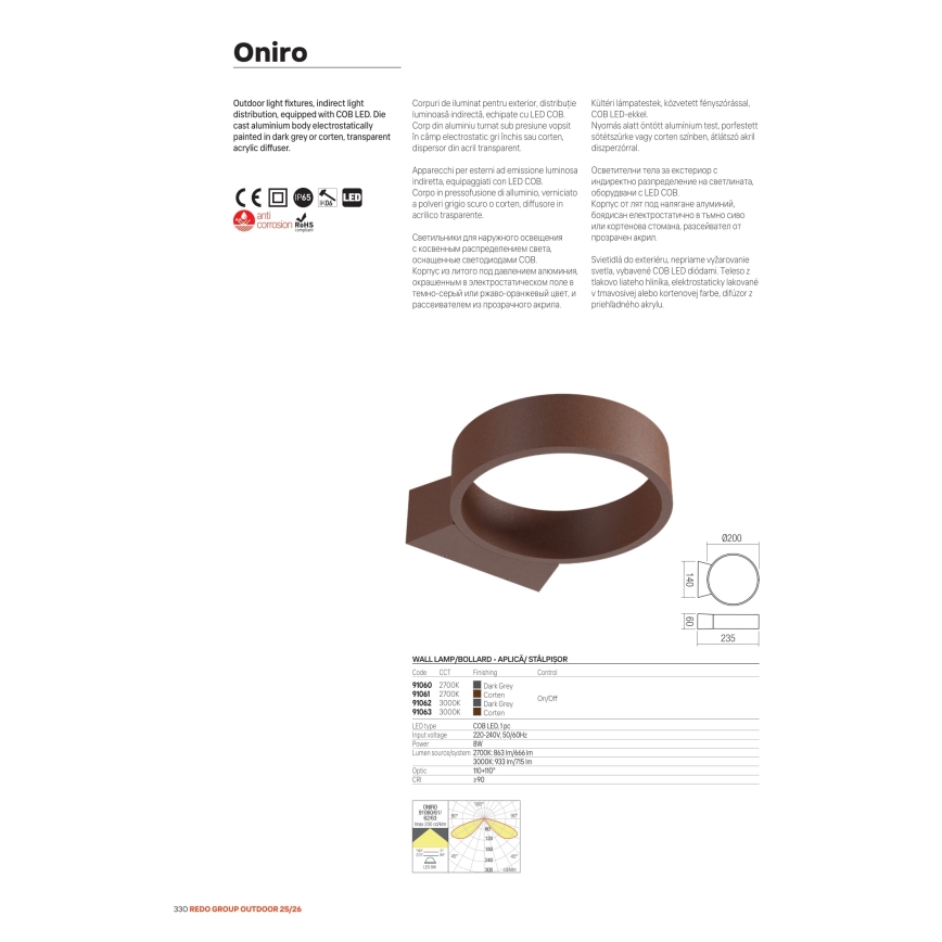Redo 91067 - LED-Außenleuchte ONIRO LED/15W/230V 3000K 49,5 cm CRI 90 IP65 braun