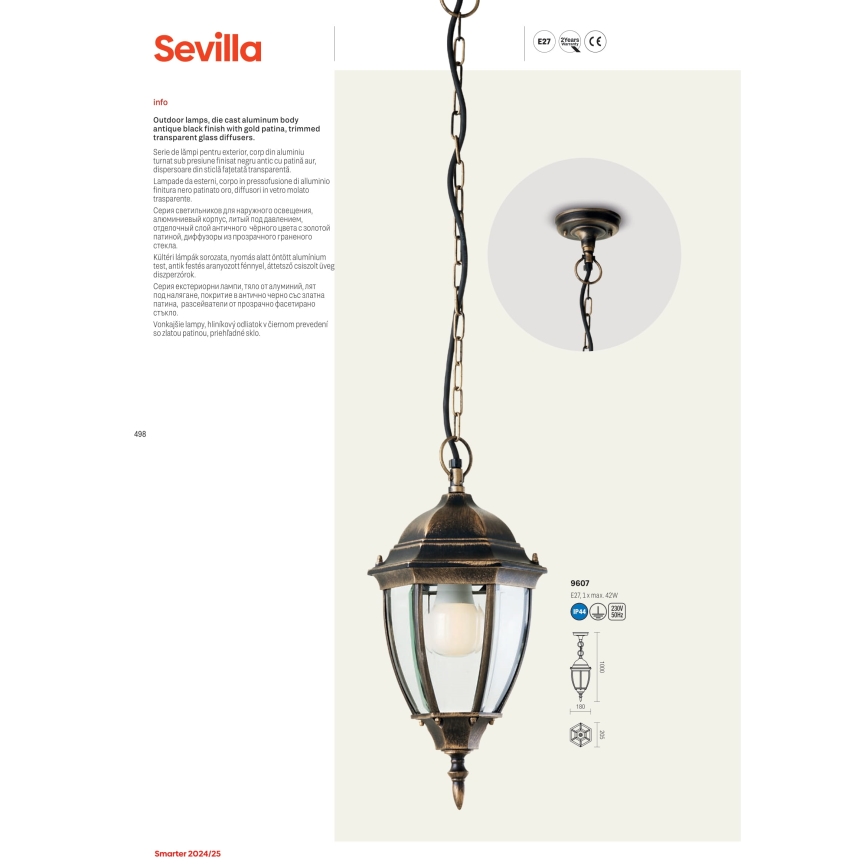 Redo 9607 - Outdoor-Hängeleuchte an Kette SEVILLA 1xE27/42W/230V IP44 golden/Patina