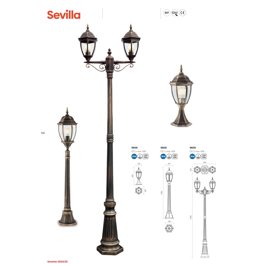 Redo 9607 - Outdoor-Hängeleuchte an Kette SEVILLA 1xE27/42W/230V IP44 golden/Patina