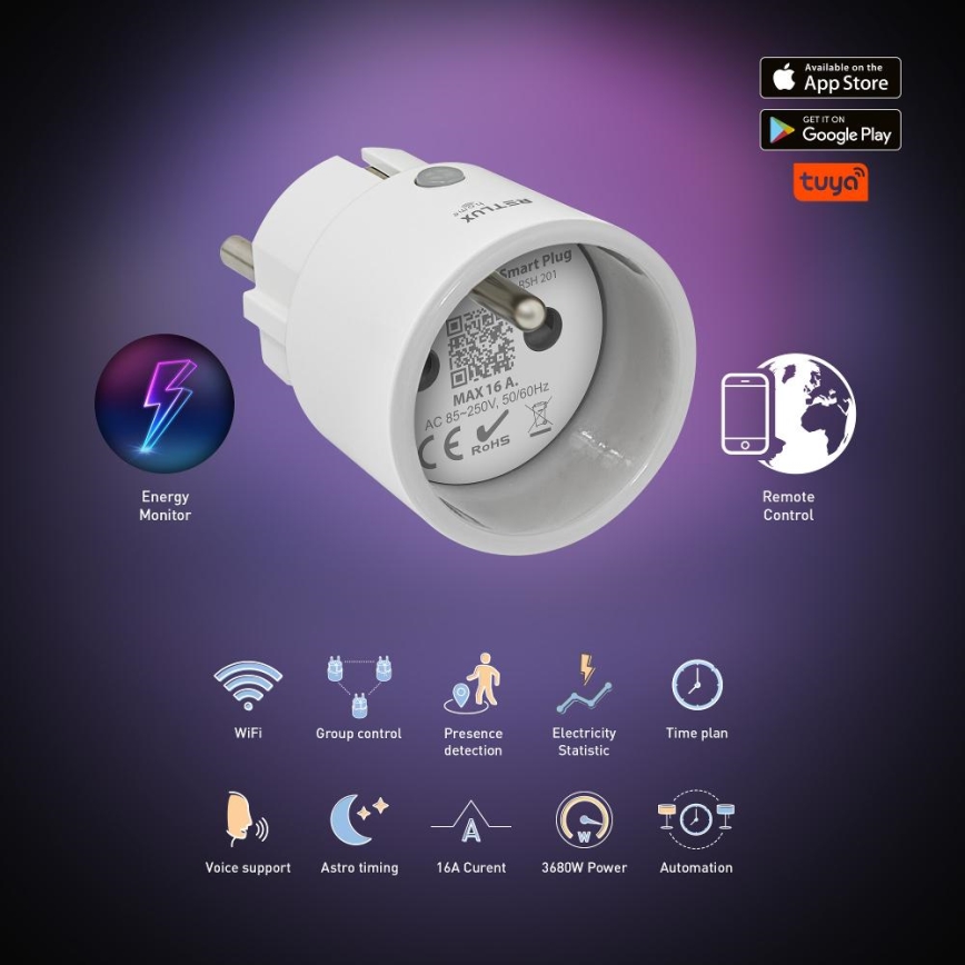Intelligente Steckdose 3680W/230V/Typ E/16A Wi-Fi Tuya