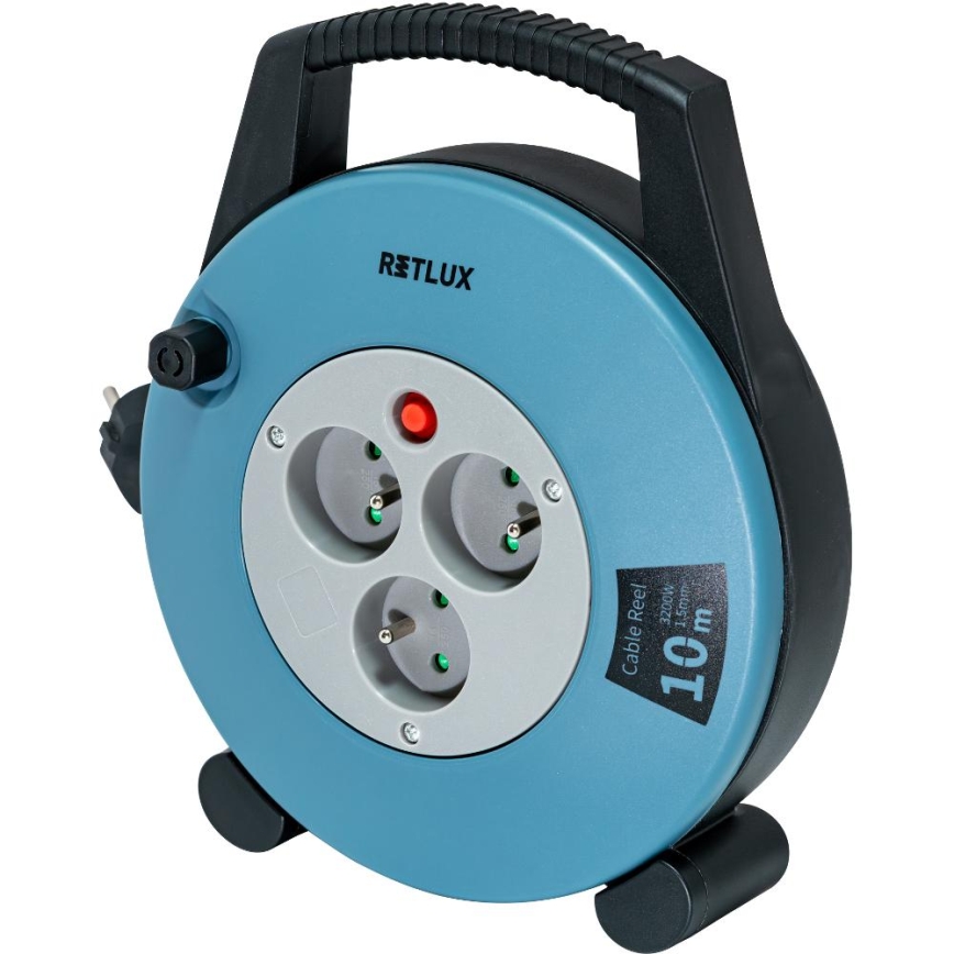 Retlux - Kabeltrommel mit 3-fach-Steckdose, Typ E, 10 m, blau/schwarz