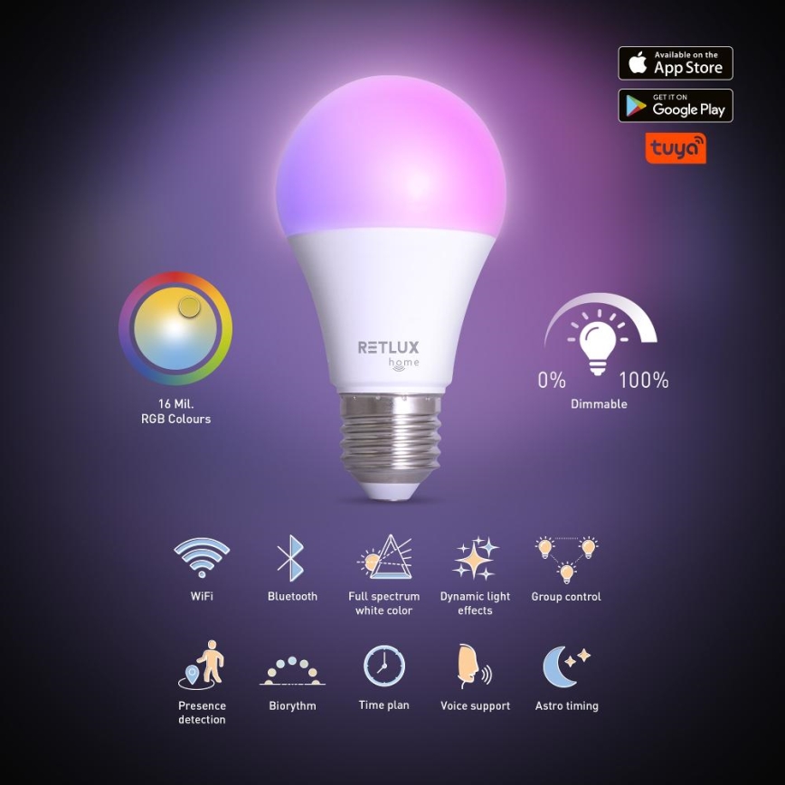 LED RGBW Dimmbar Glühbirne A60 E27/9W/230V 2700-6500K Wi-Fi Tuya