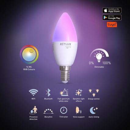 LED RGBW dimmbare Lampe C37 E14/4,5W/230V 2700-6500K Wi-Fi Tuya