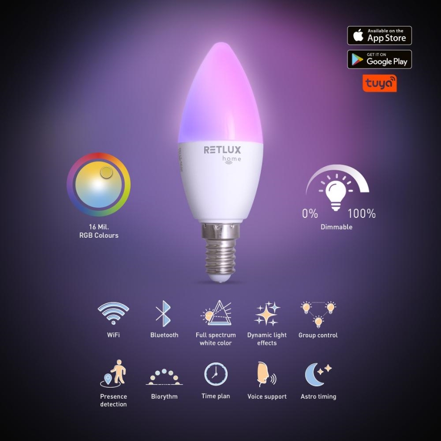 LED RGBW dimmbare Lampe C37 E14/4,5W/230V 2700-6500K Wi-Fi Tuya