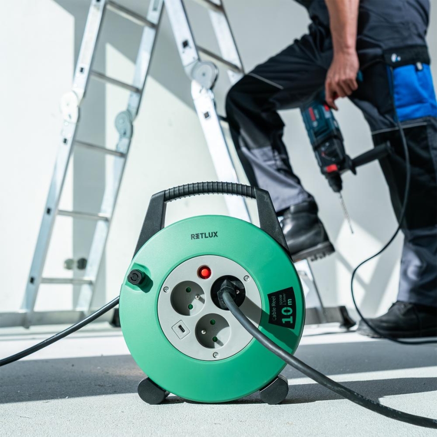 Retlux - Verlängerungskabel auf Kabeltrommel, 3-fach, Typ E, 10 m, grün/schwarz