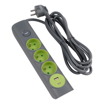 Retlux - Verlängerungskabel mit Schalter 3-fach Typ E + 1xUSB-A + 1xUSB-C 1,4m grau