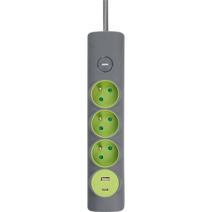 Retlux - Verlängerungskabel mit Schalter 3-fach Typ E + 1xUSB-A + 1xUSB-C 1,4m grau