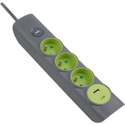 Retlux - Verlängerungskabel mit Schalter 3-fach Typ E + 1xUSB-A + 1xUSB-C 1,4m grau