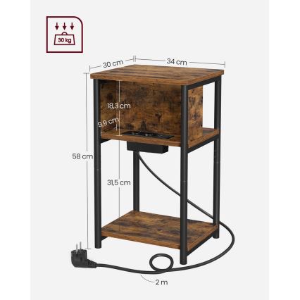 ROD Beistelltisch mit integrierten Steckdosen und USB-Anschlüssen, braun/schwarz