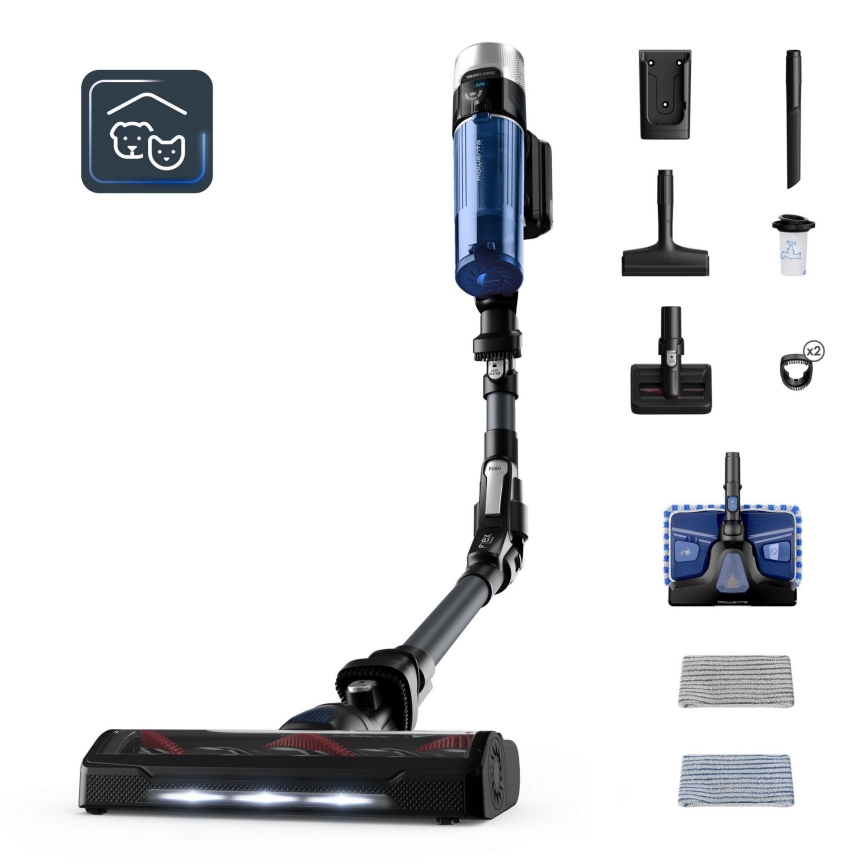 Rowenta - Stielstaubsauger mit Wischmopp X-FORCE FLEX ANIMAL AQUA AUTO 4in1 250W/25,2V 2500 mAh schwarz/blau