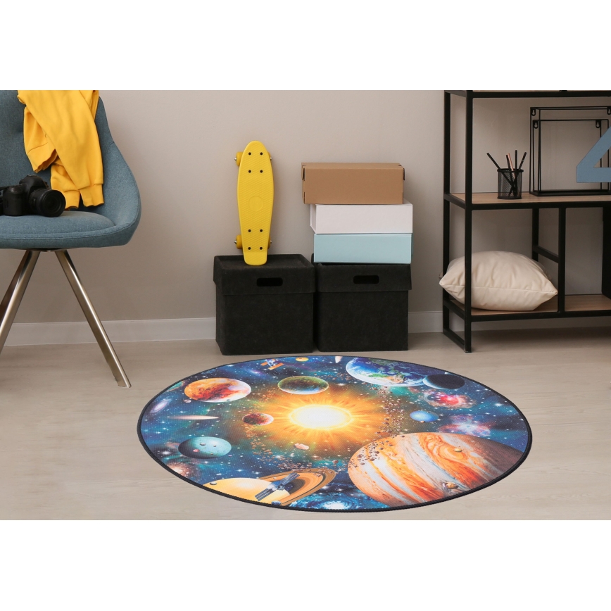 Rutschfester Kinderteppich PRINT 3D 80 cm Planeten/bunt