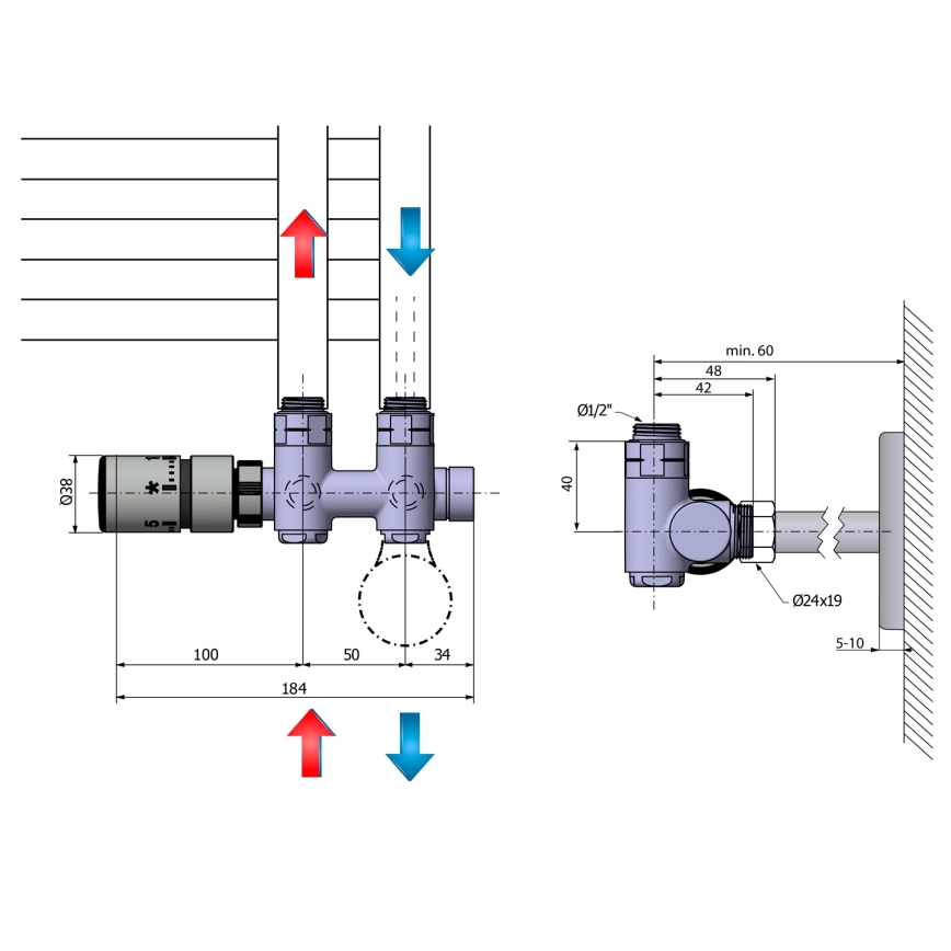 Sapho - Thermostat-Anschlussset für Mittelanschluss TWIN COMBI links/mattierter Edelstahl
