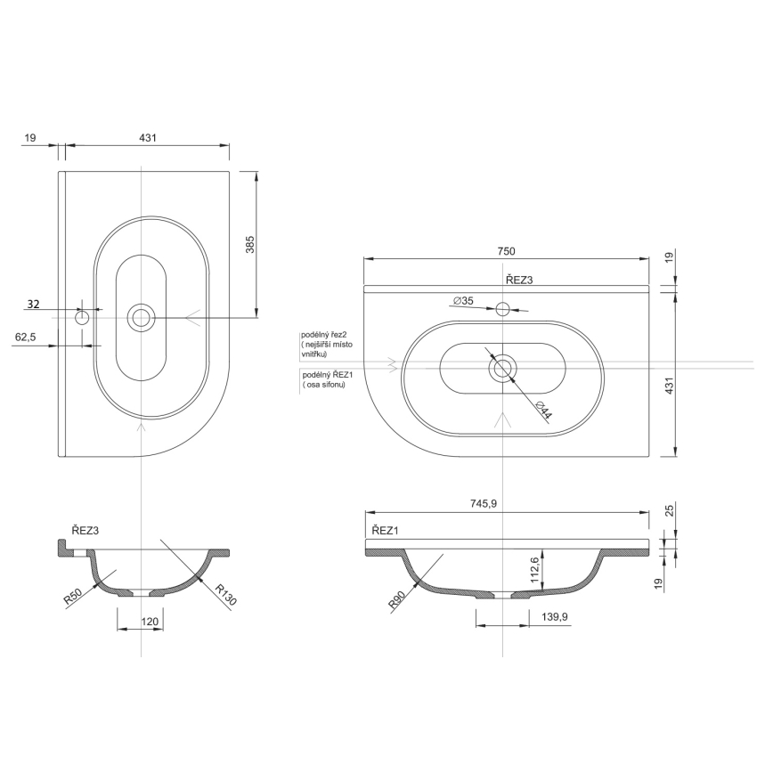Sapho - Eck-Einbau-Waschbecken PULSE 75x43 cm Marmor/Weiß