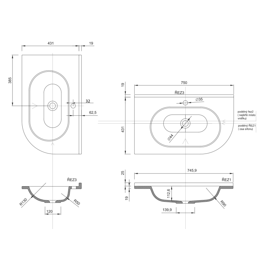 Sapho - Eck-Einbauwaschbecken PULSE 75x43 cm Marmor/weiß