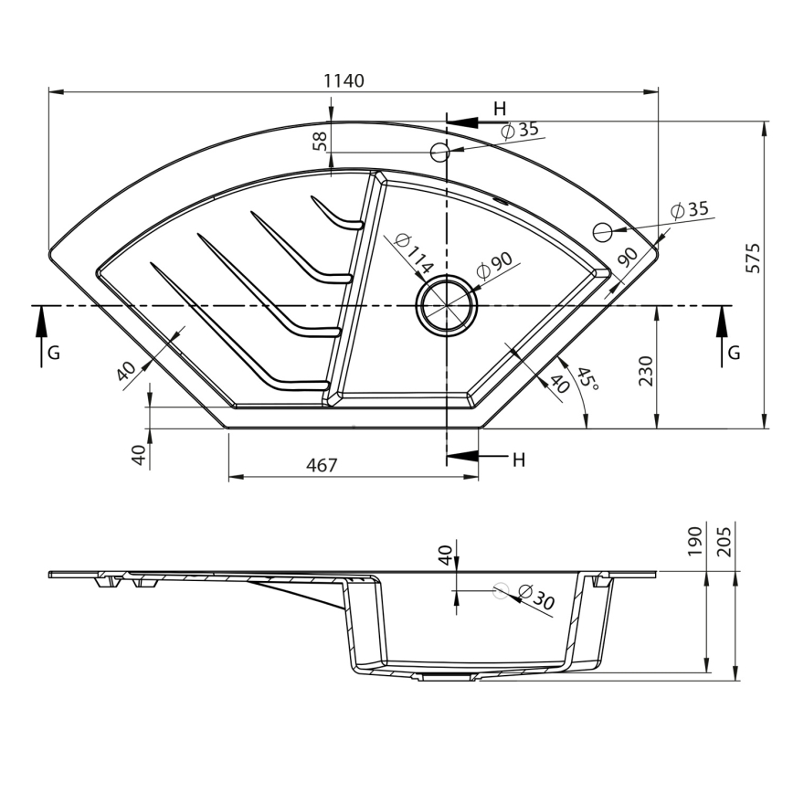 Sapho - Eck-Küchenspüle 114x57,5 cm Granit/Schwarz