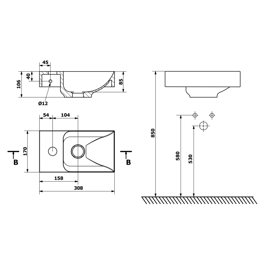 Sapho - Wandwaschbecken PICCOLINO 31x17 cm links/Gussmarmor/weiß