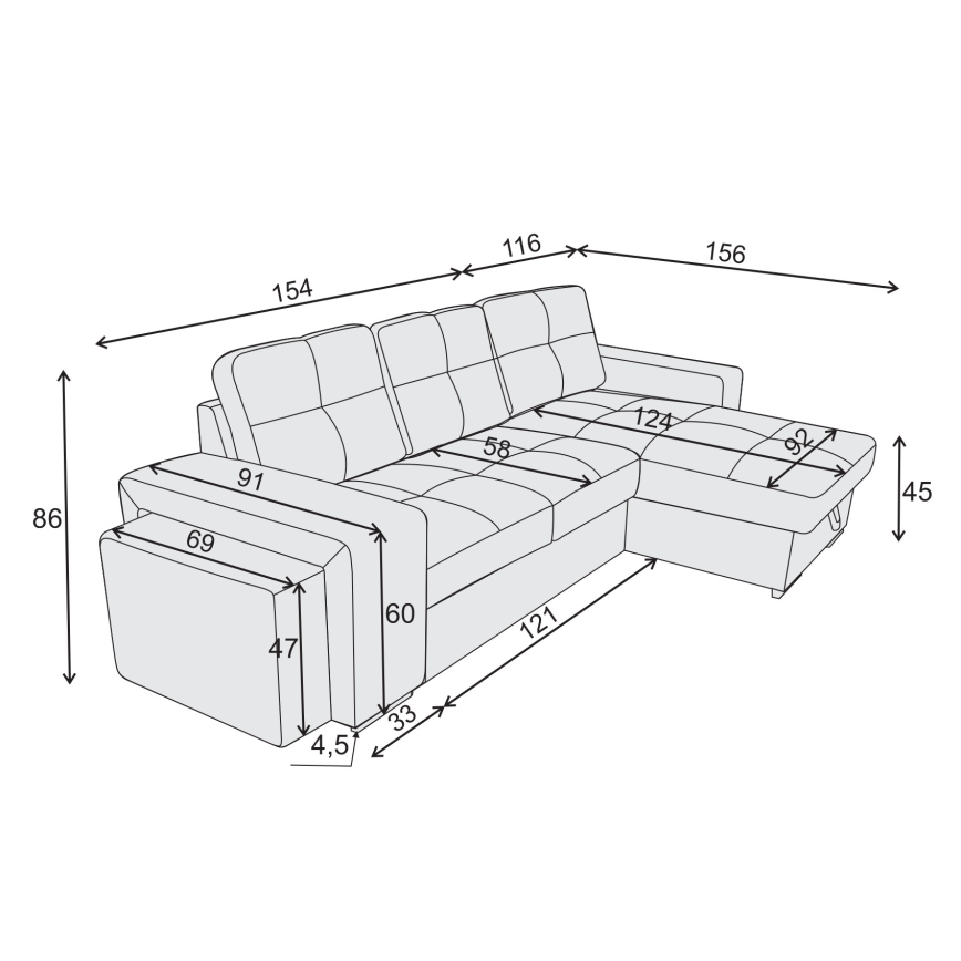 Schlafsofa PALERMO mit Bettfunktion, Stauraum und Hocker, hellgrau, rechts