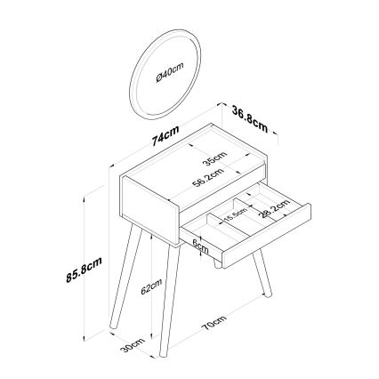 Schminktisch RANI 75x85,8 cm + wall Spiegel d 40 cm weiß