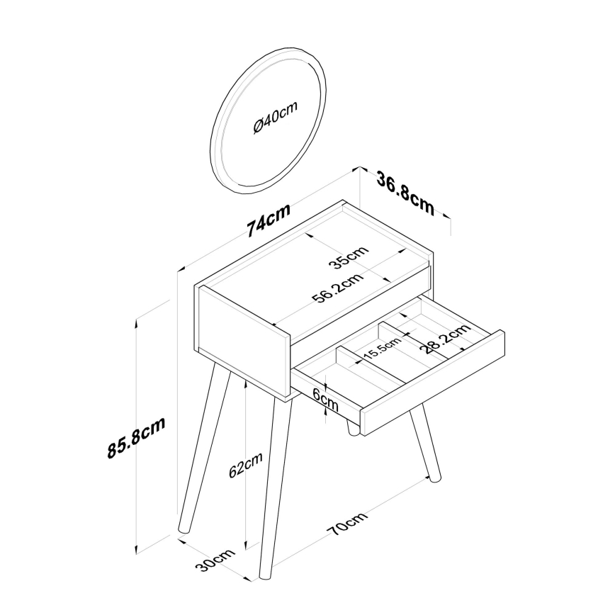 Schminktisch RANI 75x85,8 cm + wall Spiegel d 40 cm weiß
