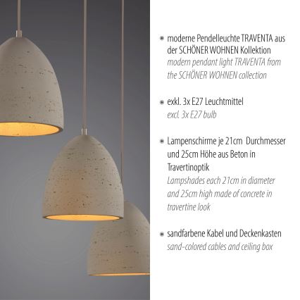 Schöner Wohnen 12541-42 - Pendelleuchte TRAVENTA, 3xE27/40W/230V, Beton