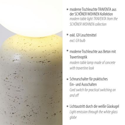 Schöner Wohnen 12543-42 - Tischlampe TRAVENTA 1xG9/10W/230V Beton
