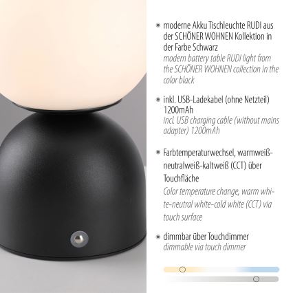 Schöner Wohnen 19218-18 - Wiederaufladbare, dimmbare Touch-LED-Tischlampe RUDI LED/1,2W/5V 3000-6000K 1200 mAh schwarz