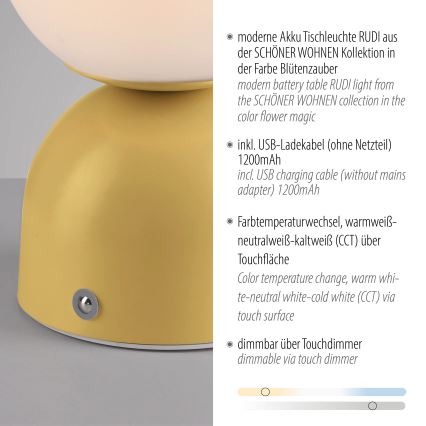 Schöner Wohnen 19218-81 - dimmbare, touchgesteuerte, wiederaufladbare LED-Tischlampe RUDI LED/1,2W/5V 3000-6000K 1200 mAh gelb