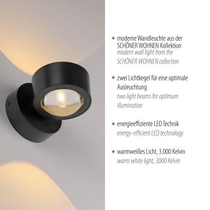 Schöner Wohnen 19331-18 - LED-Wandleuchte CHIA 2xLED/2W/230V schwarz