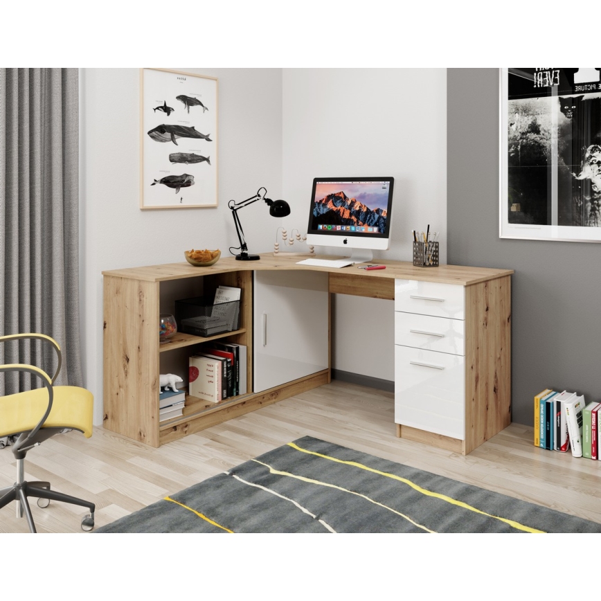 Schreibtisch mit Regal und Schubladen ROBERTO links 150x120 cm Artisan-Eiche/Weiß