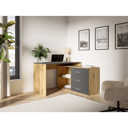 Schreibtisch mit Schubladen und universellem Eckmodul (rechts/links) JULES Eiche Artisan/Anthrazit