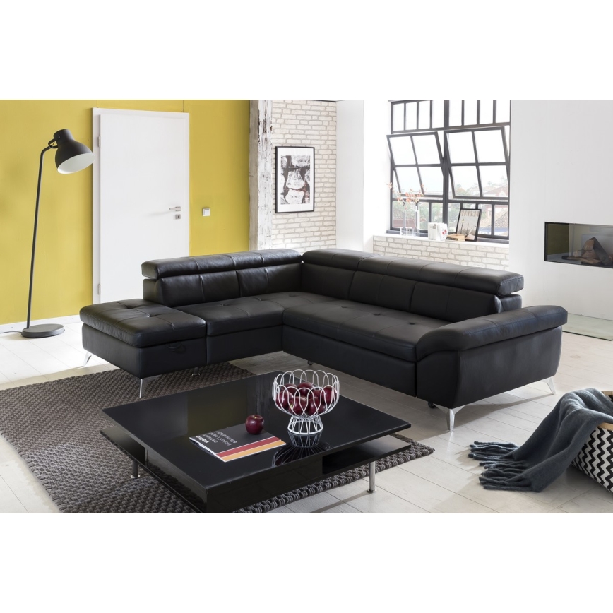 Ausziehbare Eckledercouch in L-Form SALERNO II links, schwarz