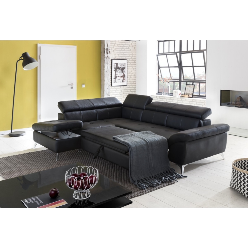 Ausziehbare Eckledercouch in L-Form SALERNO II links, schwarz