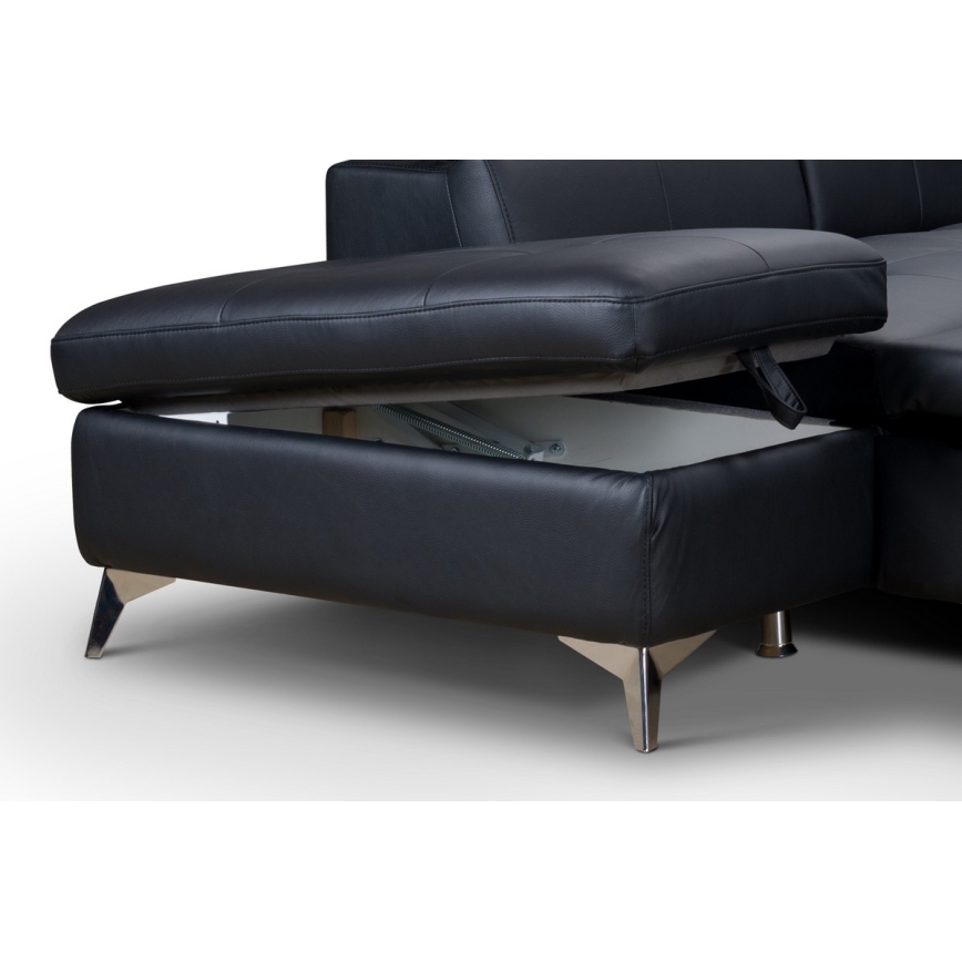 Ausziehbare Eckledercouch in L-Form SALERNO II links, schwarz
