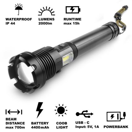 Sencor - Aufladbare LED-Aluminium-Taschenlampe mit Powerbank-Funktion LED/10W/4400 mAh 2000 lm IP44