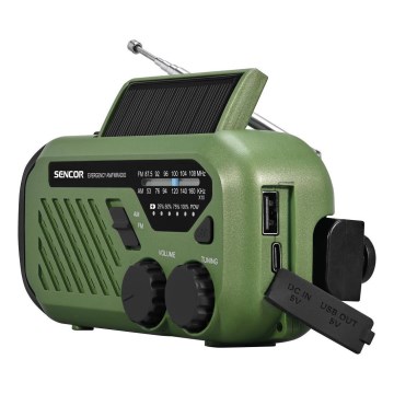 Sencor - Camping-Radio mit Kurbel, Solarpanel und LED-Taschenlampe, 5V/2000 mAh, IPX4, grün