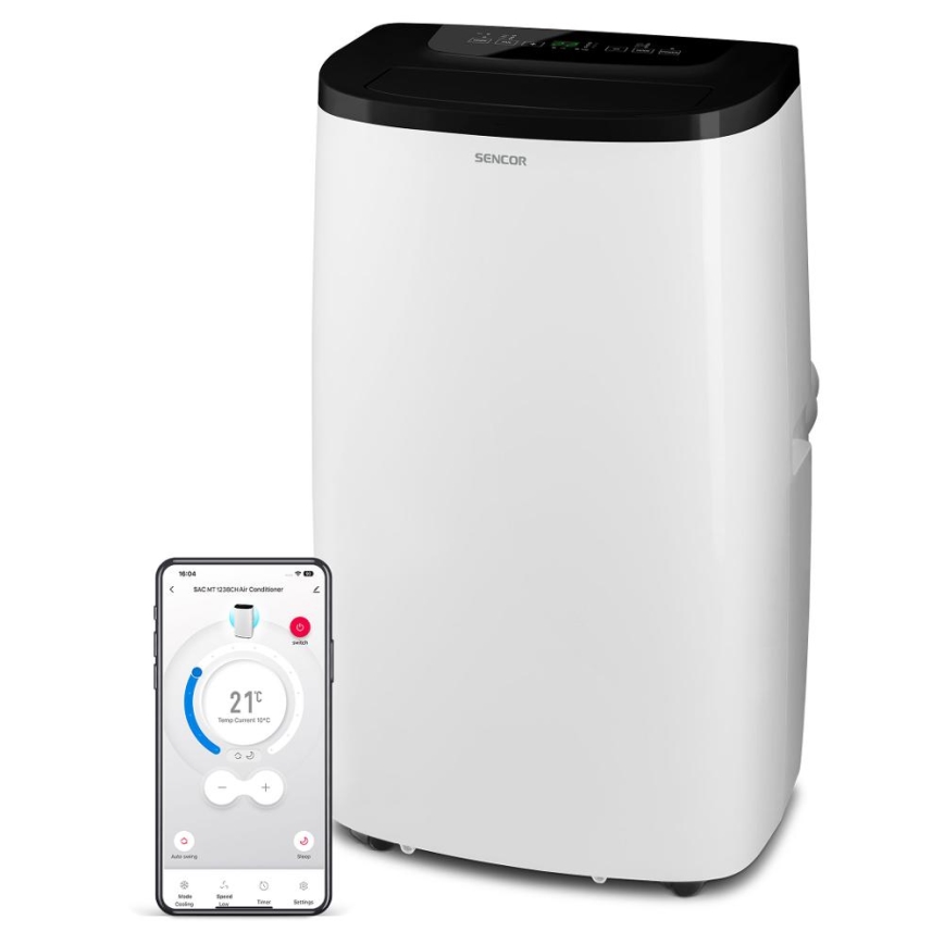 Sencor - Intelligente mobile Klimaanlage 4-in-1 inkl. komplettem Zubehör 1700 W/230 V, 12 000 BTU, Wi‑Fi, weiß + Fernbedienung