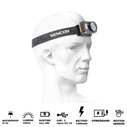 Sencor - LED Stirnlampe mit Powerbank-Funktion LED/5W/1200 mAh IP44
