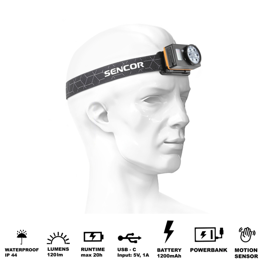 Sencor - LED Stirnlampe mit Powerbank-Funktion LED/5W/1200 mAh IP44