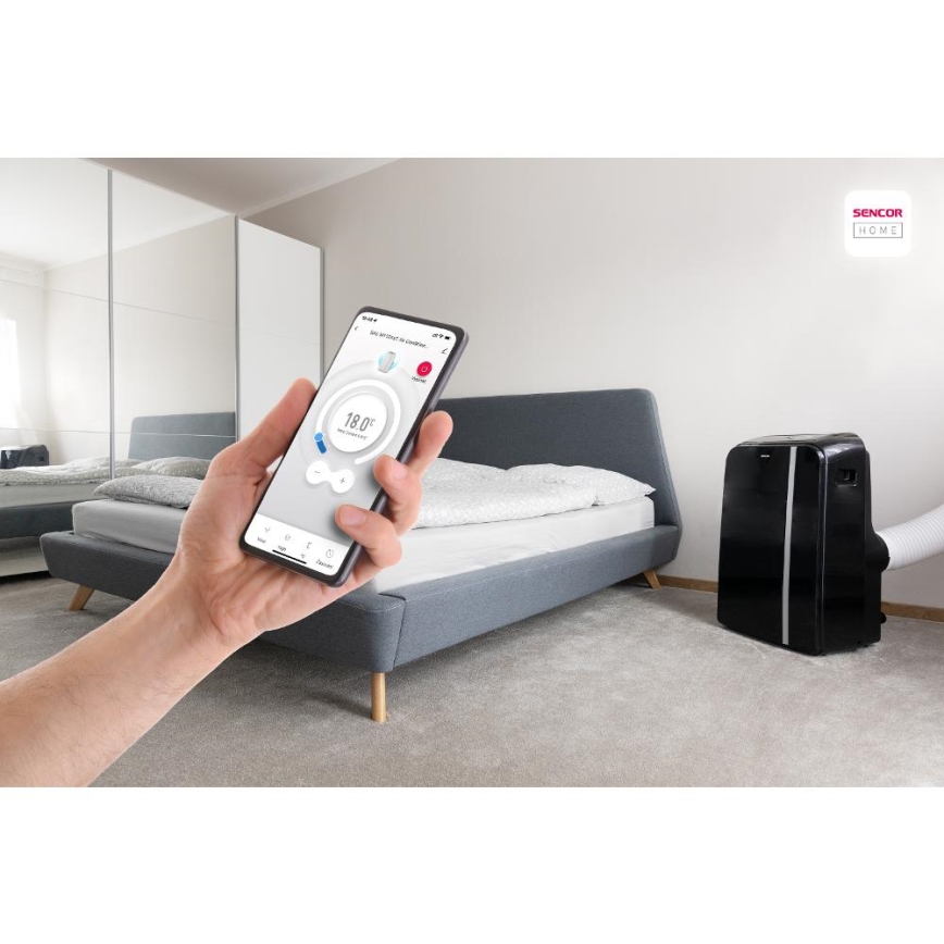 Sencor - Mobiles Smart-Klimagerät 3in1 mit komplettem Zubehör 1450W/230V 12000 BTU Wi-Fi schwarz + Fernbedienung