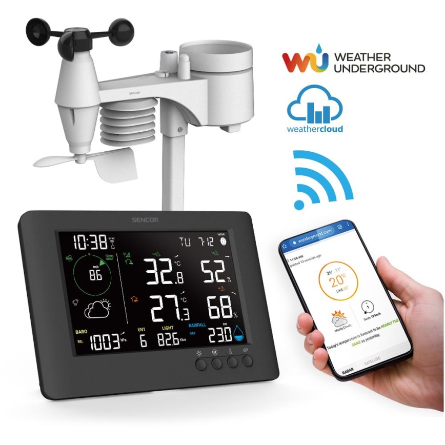 Sencor - Profi-Wetterstation mit Farb-LCD-Anzeige und Wecker 5V/1xCR2032 + 3xAA Wi-Fi
