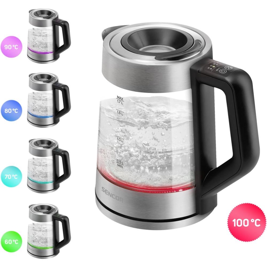 Sencor - Schnellkoch-Wasserkocher mit Temperaturregelung 1,7 l 2200W/230V mattes Chrom/schwarz